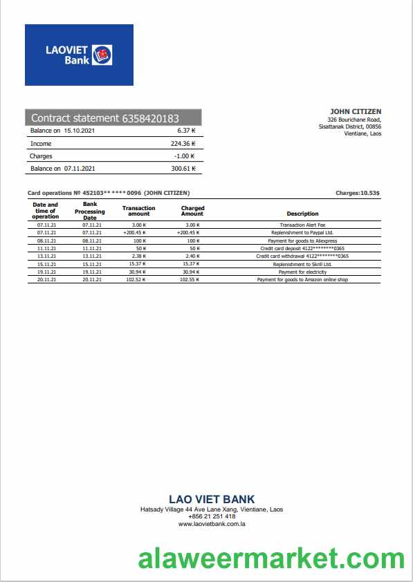 Laos Lao Viet Bank statement template in Word and PDF format